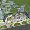 Modern Commercial Complex Featuring Curved Structures Tall Buildings And Green Landscapes