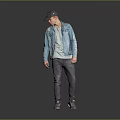 Man Wearing Denim Jacket Light Blue T-shirt Gray Pants Sneakers Gray Cap On Gray Background