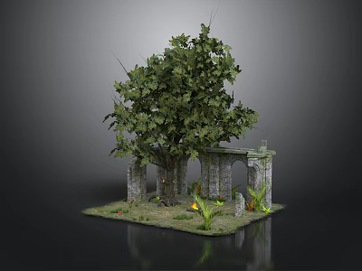 Natural Outdoor Garden Scene With Large Tree Stone Pillars Grass And Small Plants 3d model