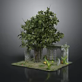 Natural Outdoor Garden Scene With Large Tree Stone Pillars Grass And Small Plants