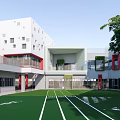 Modern Kindergarten Building With Wooden Sloped Roof Green Trees And Lawn At Entrance