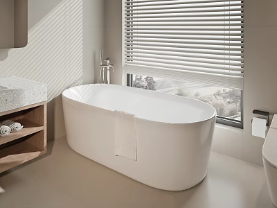 White Free Standing Bathtub in Modern Bathroom with Marble Countertop Wooden Shelf and Venetian Blinds 3d model
