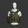 Camouflage Tactical Vest with Multiple Pockets and Military Gear on White Mannequin