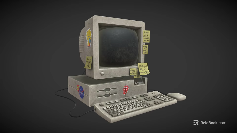 Vintage Computer Setup With Monitor Case Keyboard Mouse Stickers Sticky Notes NASA 7UP Logos 3d model 