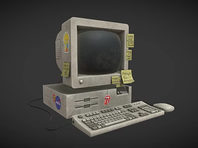 Vintage Computer Setup With Monitor Case Keyboard Mouse Stickers Sticky Notes NASA 7UP Logos 3d model