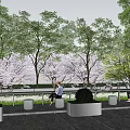 Garden Landscape with Trees Green Plants People Sitting on Benches and Stone Pavement