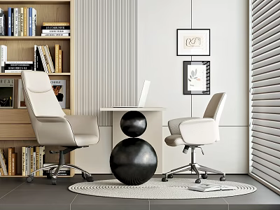 Modern Interior With Bookshelf Chairs Desk Laptop Decorative Ball Rug Wall Art And Blinds 3d model
