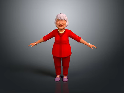 Woman With White Hair Wearing Red Outfit Necklace Bracelets And Purple Shoes 3d model