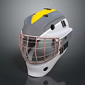 Gray Yellow And White Hockey Helmet With Metallic Protective Cage And Durable Shell Design