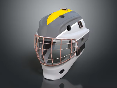 Gray Yellow And White Hockey Helmet With Metallic Protective Cage And Durable Shell Design 3d model