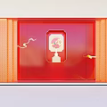 Decorative Red Background Wall With Orange Wave Pattern Glass Window And Golden Decoration