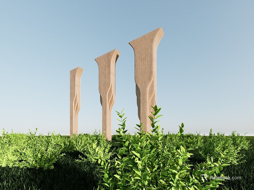 Wooden Carved Pillars Standing In Green Grass Under Clear Blue Sky 3d model 