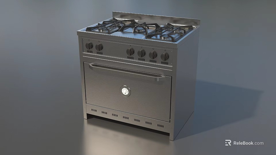 Modern Stainless Steel Gas Stove With Oven Multiple Burners And Control Knobs 3d model