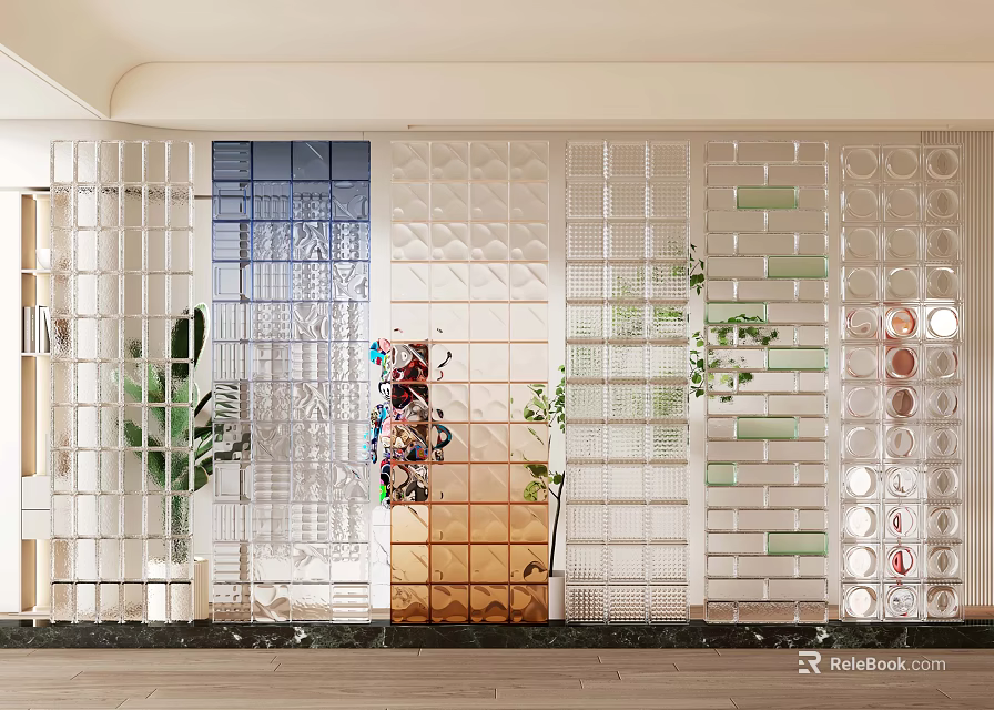 Modern Transparent Glass Partition Screens With Geometric Patterns And Indoor Plants 3d model 