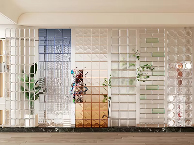 Modern Transparent Glass Partition Screens With Geometric Patterns And Indoor Plants 3d model