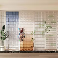 Modern Transparent Glass Partition Screens With Geometric Patterns And Indoor Plants