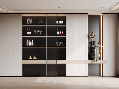 Modern Wine Cabinet Interior With Glass Shelves And Lighting In Living Room 3d model