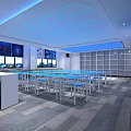 Modern Public Lounge Interior With White Tables Blue Stools Large Windows And Geometric Carpet