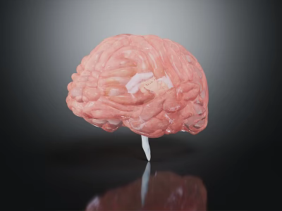 Pink Brain Model With Detailed Texture On Black Background And White Stand Reflection 3d model