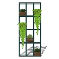 Hanging Basket Plants On Multi Tiered Metal Frame With Trailing Green Vines And Wooden Planters
