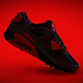Black And Red Sporty Sneakers Featuring Red Decorative Patterns On Upper And Red Sole
