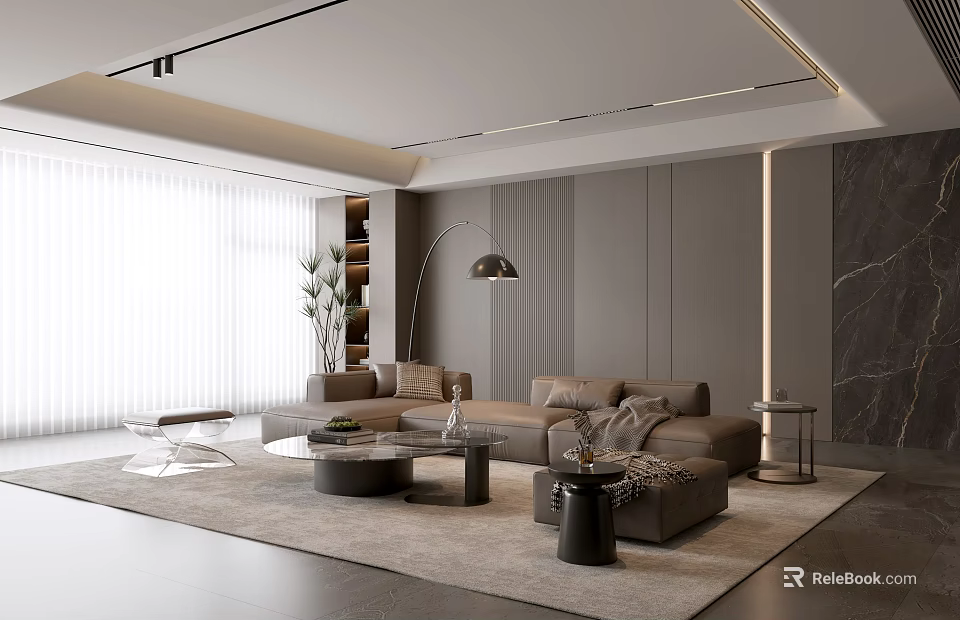 Modern Living Room Interior With Beige Sofa Round Coffee Table Floor Lamp And Marble Wall 3d model 