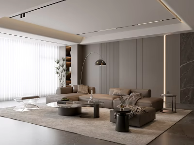 Modern Living Room Interior With Beige Sofa Round Coffee Table Floor Lamp And Marble Wall 3d model
