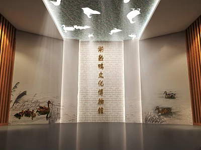 Traditional Cultural Interior With Ceiling Bird Decorations Golden Character Plaque Duck Pattern And Wooden Decorations 3d model