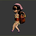 Cute Animated Girl Figure With Pink Headscarf Blue Trim Red Backpack Yellow Dress Purple Shoes