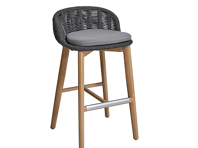 Modern Wicker Backrest Bar Stool With Gray Cushioned Seat And Light Wooden Legs 3d model