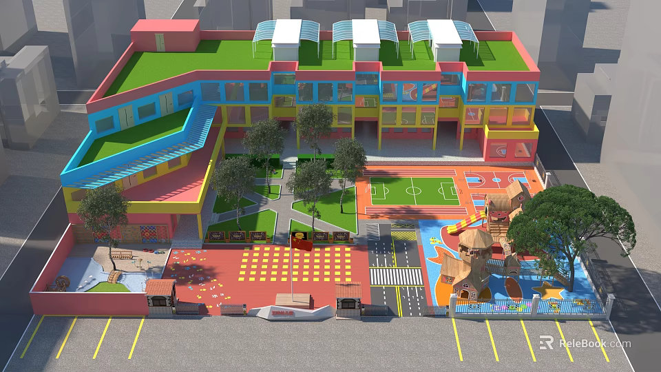Colorful School Building With Green Roof Outdoor Playground Trees And Play Equipment 3d model 