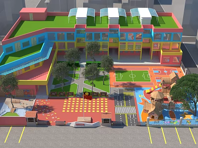 Colorful School Building With Green Roof Outdoor Playground Trees And Play Equipment 3d model