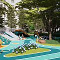 Outdoor Children's Play Area With Slides Green Floor Trees And Flowers For Kids