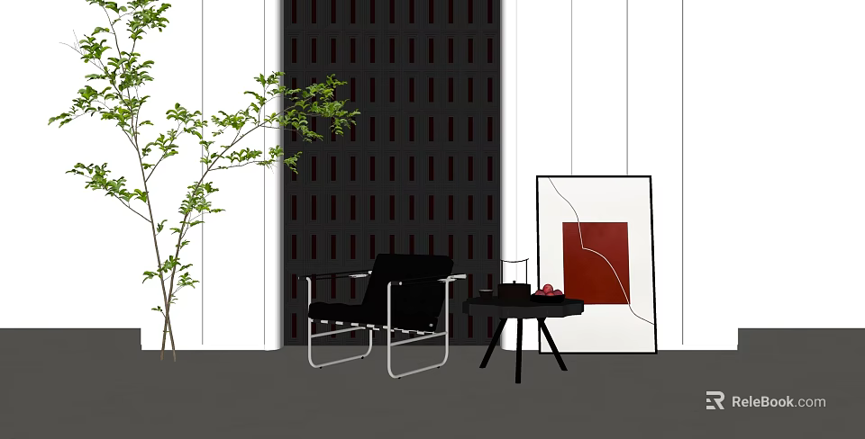 Modern Black Accent Chair With Metal Frame Side Table Green Plant And Grid Wall Artwork 3d model 