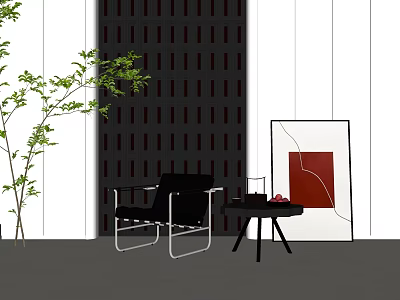 Modern Black Accent Chair With Metal Frame Side Table Green Plant And Grid Wall Artwork 3d model