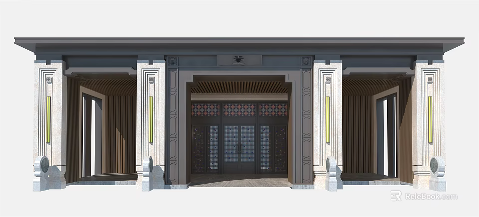 Traditional Chinese Style Entrance Gate With Carved Grilles And Stone Pillars 3d model 