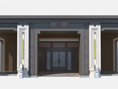 Traditional Chinese Style Entrance Gate With Carved Grilles And Stone Pillars 3d model