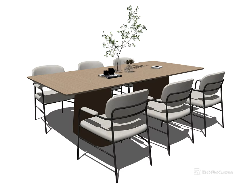 Modern Minimalist Rectangular Dining Table Set with Six Chairs Vase and Plant Decorative Items 3d model