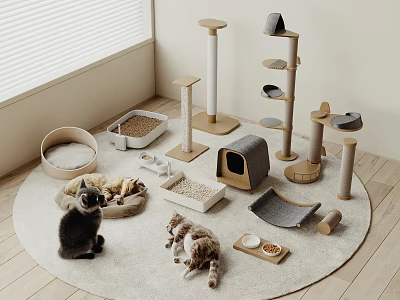 Cozy Cat Space With Scratching Posts Beds Litter Boxes And Feeding Bowls 3d model