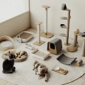 Cozy Cat Space With Scratching Posts Beds Litter Boxes And Feeding Bowls 3d model