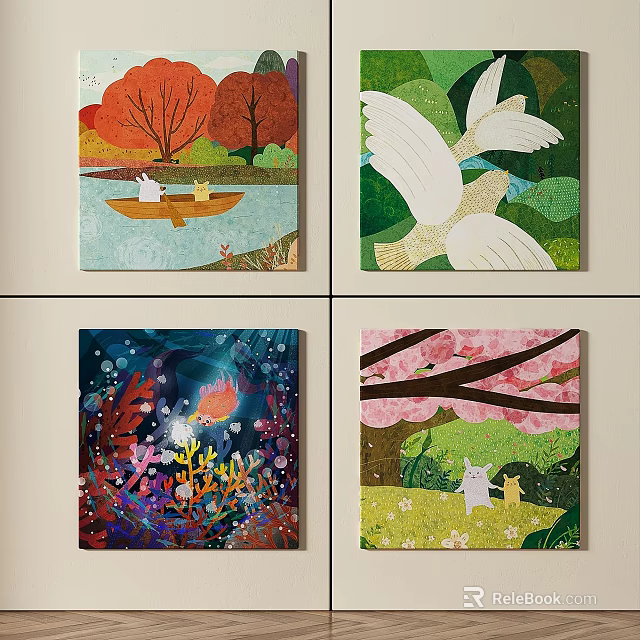 Vibrant Oil Paintings With Red Trees Birds Underwater Scenes And Cherry Blossom Cats 3d model 