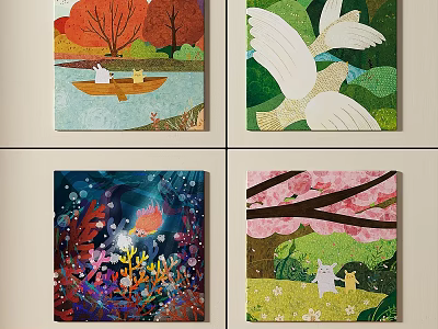 Vibrant Oil Paintings With Red Trees Birds Underwater Scenes And Cherry Blossom Cats 3d model