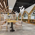 Modern Cafeteria Interior Design With Hanging Lights Wooden Elements Green Plants And Gray Floor