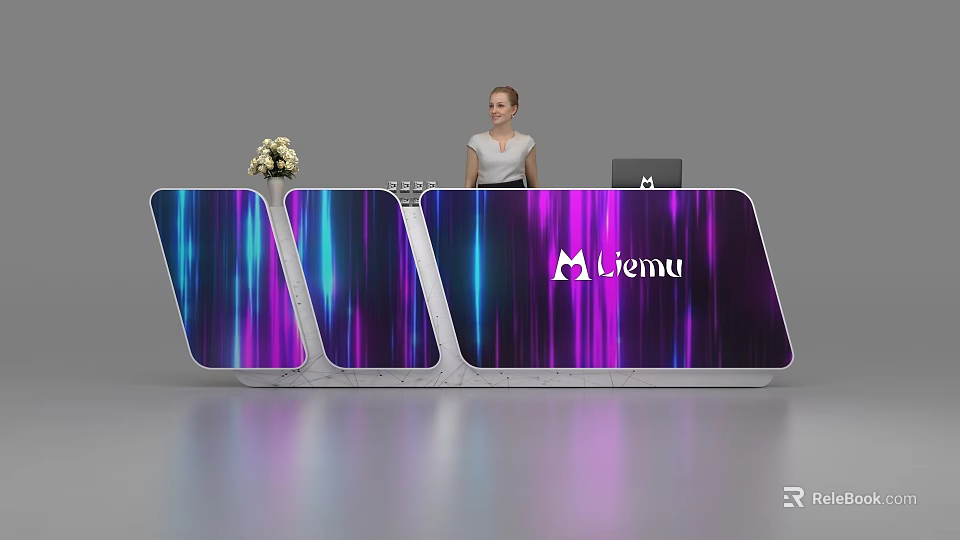 Modern Reception Desk With Purple Blue Light Panels Liemu Logo And Flower Decoration 3d model 