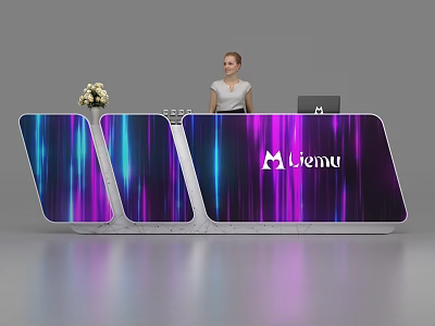 Modern Reception Desk With Purple Blue Light Panels Liemu Logo And Flower Decoration 3d model