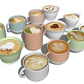 Colorful Ceramic Mugs Filled With Coffee Drinks Featuring Heart And Smile Latte Art