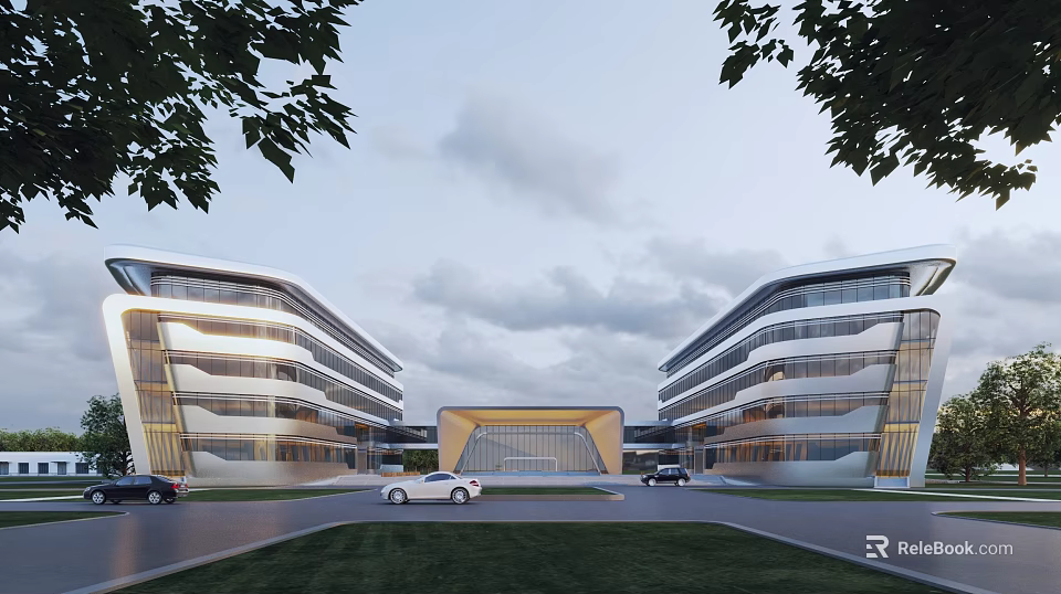 Modern Symmetrical Commercial Buildings With Golden Entrance Lawn Trees And Parked Cars 3d model 