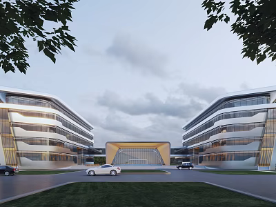 Modern Symmetrical Commercial Buildings With Golden Entrance Lawn Trees And Parked Cars 3d model