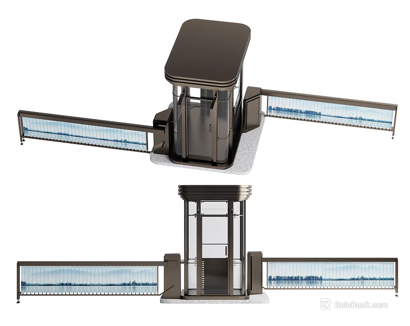 Modern Security Booth Design With Sliding Barriers And Glass Windows For Entry Control 3d model 