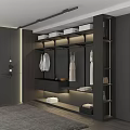 Modern Dark Wardrobe With Open Shelves Hanging Rods And Built in Lighting